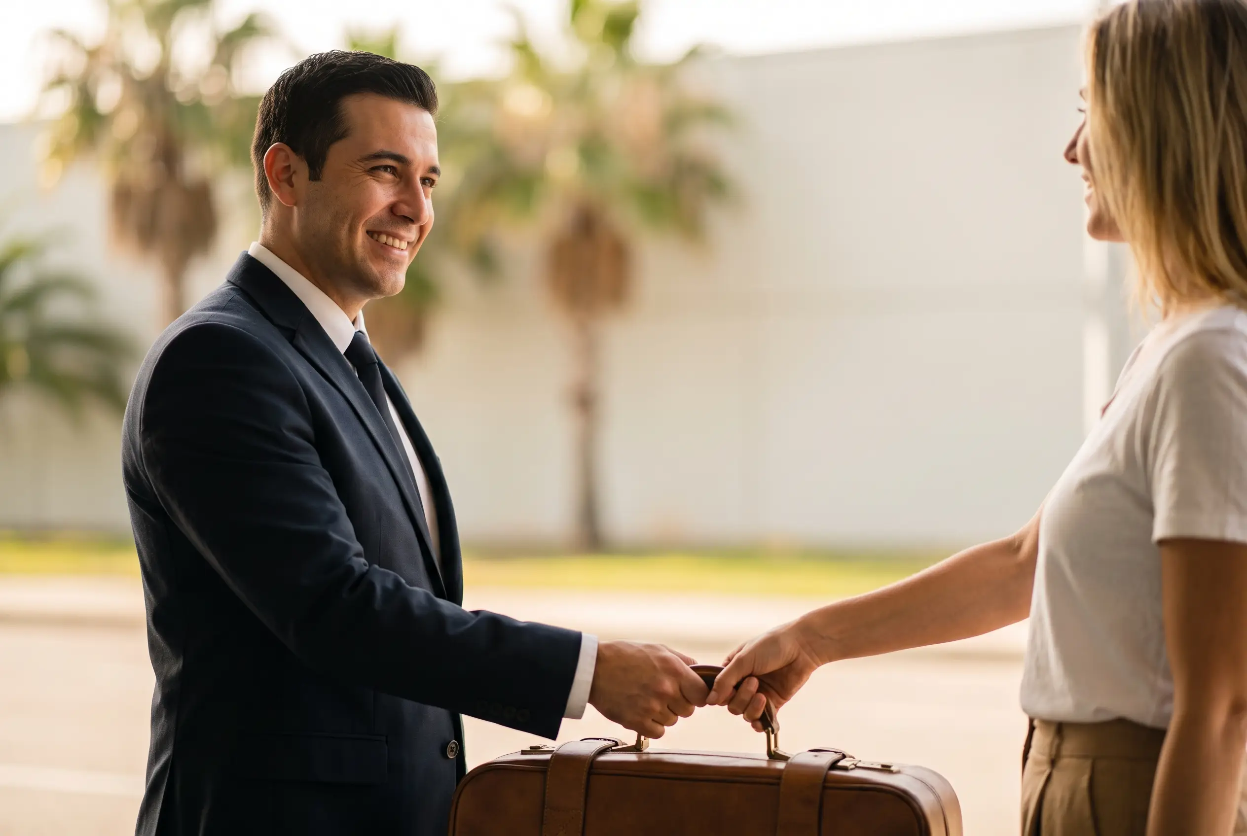 A chauffeur loading a suitcase at a sunlit airport forecourt.