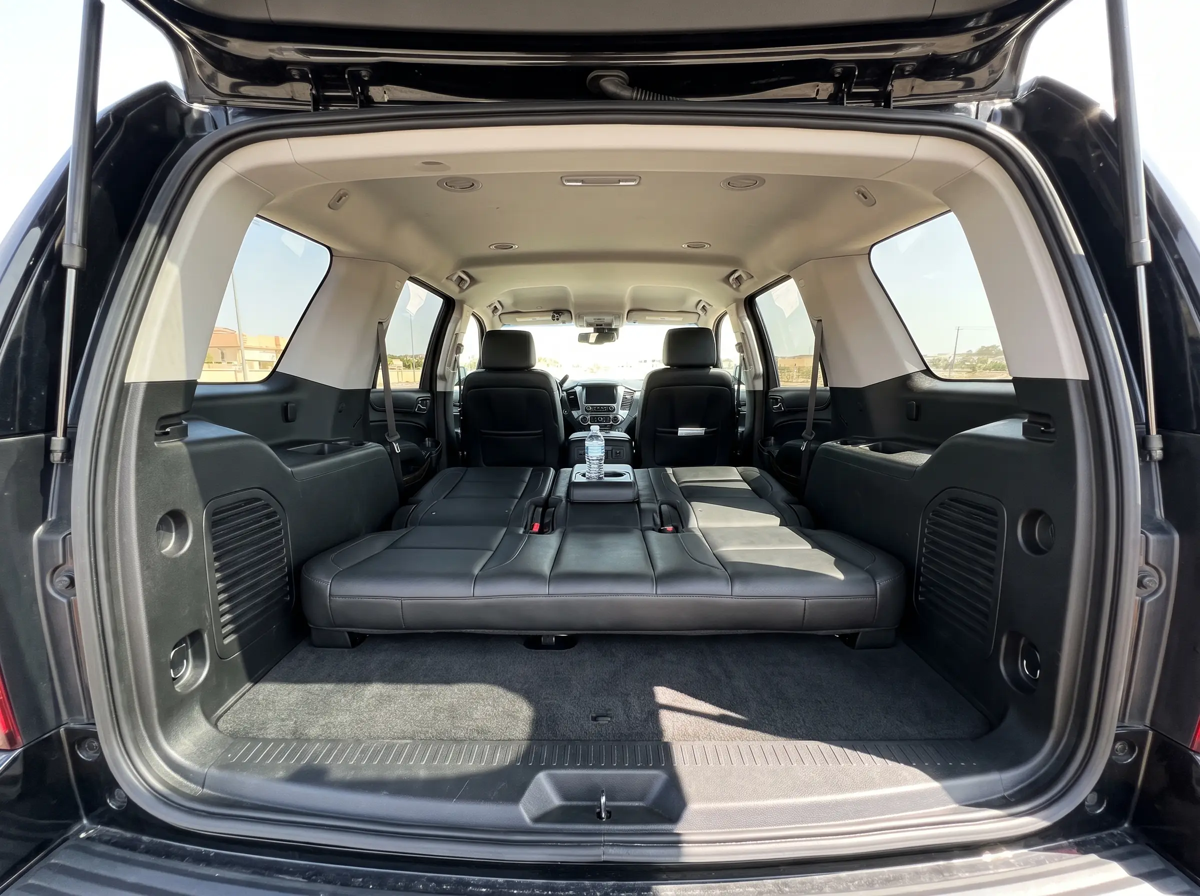 The rear load space with the third row folded flat.