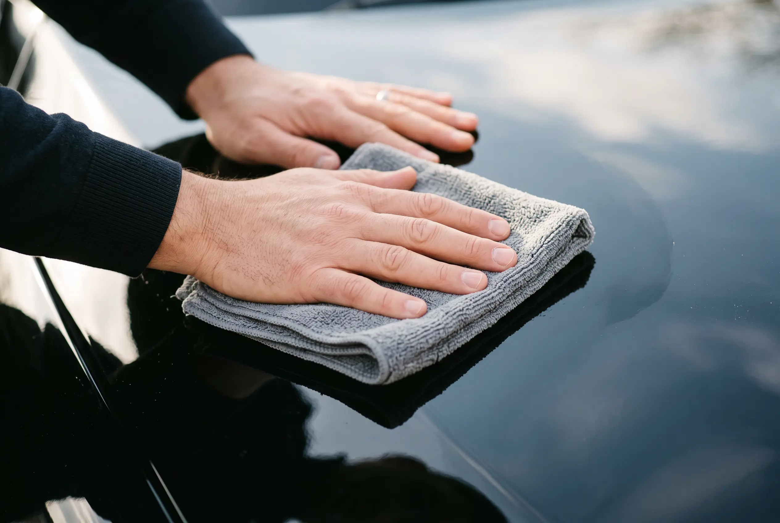 A chauffeur polishing the bodywork with a microfibre cloth.