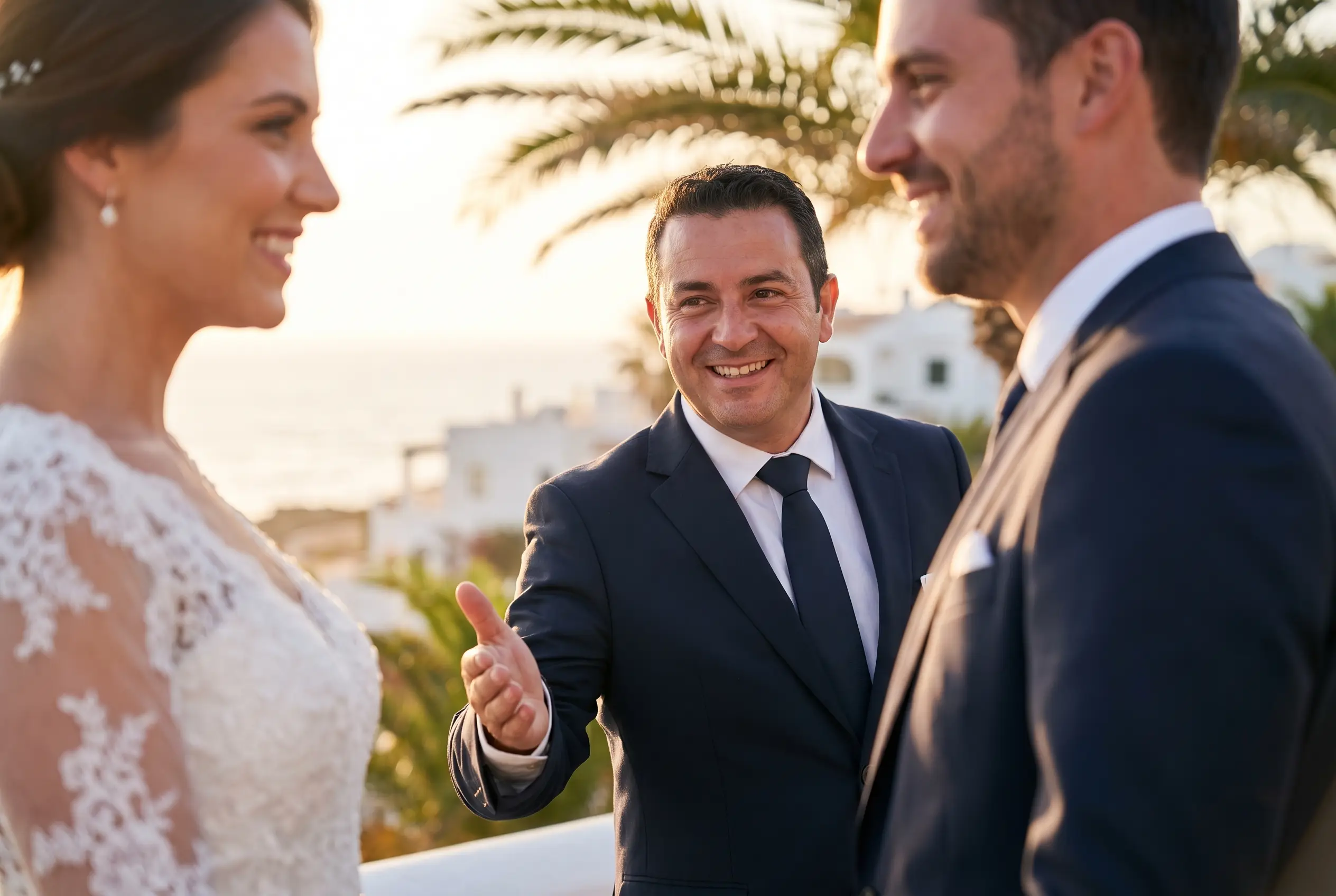 A couple stepping out of the vehicle at a coastal venue.